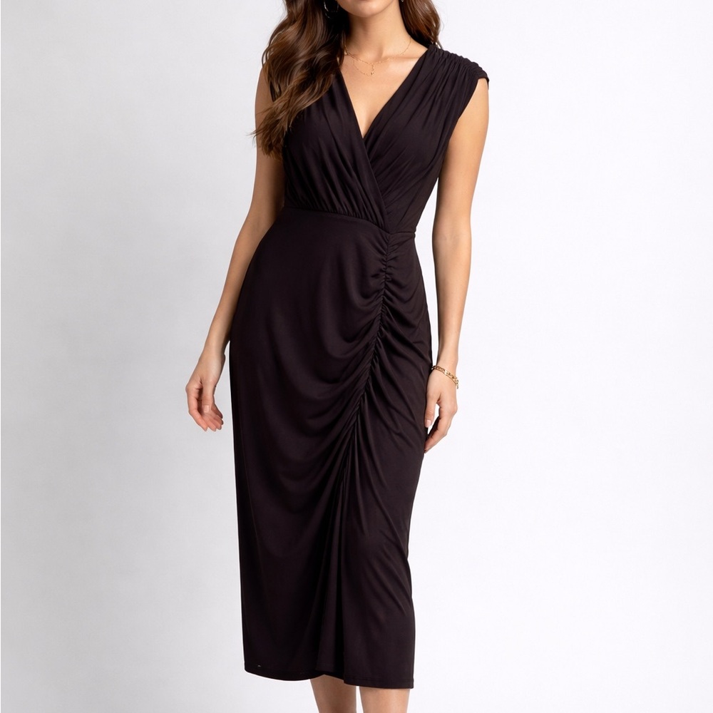 🆕Gianni Bini Black Ruched Midi Dress Size L Draped Elegant Bodycon Stretch Dress